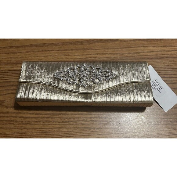 NWT Raj Metallic Gold Evening Clutch Handbag With Metal Gemstone w/ Chain - Picture 1 of 7